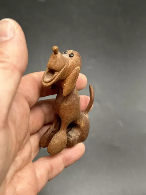 Vintage Folk Art Hand Carved Wood Hound Dog Figurine 3”H 2