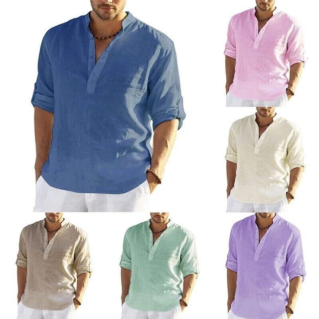 Camicia uomo lino maniche lunghe solid locker tempo libero camicetta top DE