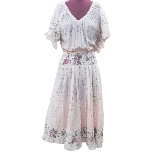 Vintage Albert Nipon Dress Pink Floral Midi Semi Sheer Cotton Short Sleeve 6