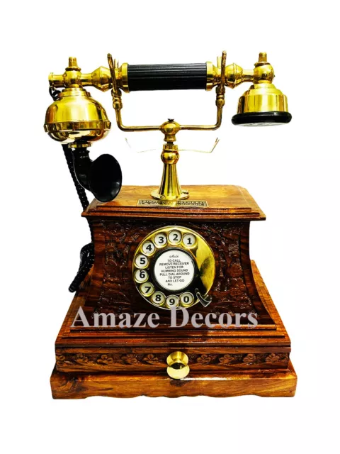 Antique Brass Victorian Rotary Dial Telephone Maharaja Wooden Phone Home Decor