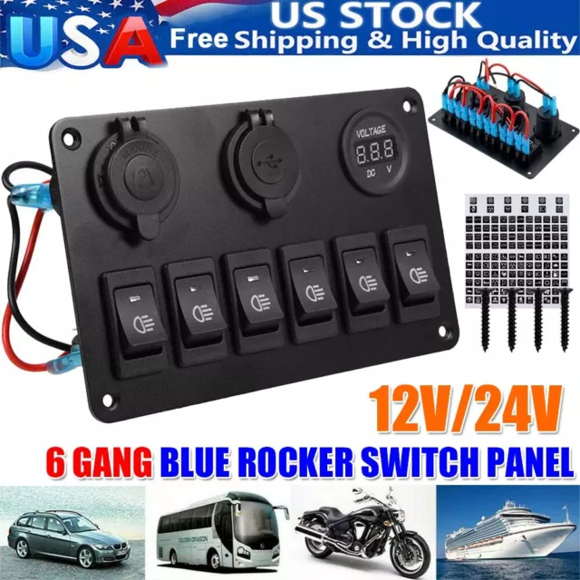 Car Marine RV Boat 6 Gang Waterproof Circuit LED Rocker Switch Panel Breaker USA