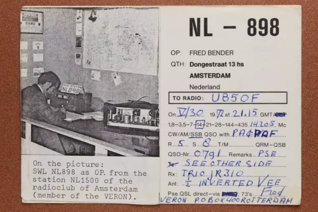 Radioclub AMSTERDAM Nederland Postcard with photo 1972 QSL  NL - 898 Radio Card