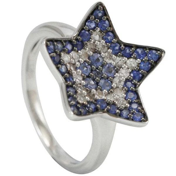 Suzy Levian 1CT Sapphire and Diamond in Sterling Silver and 18K Gold Star Ring