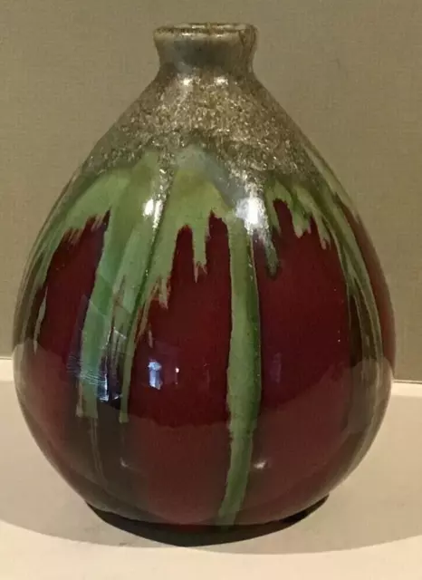 5" Studio Art Pottery Drip Glaze Vase Burgundy Green & Gold