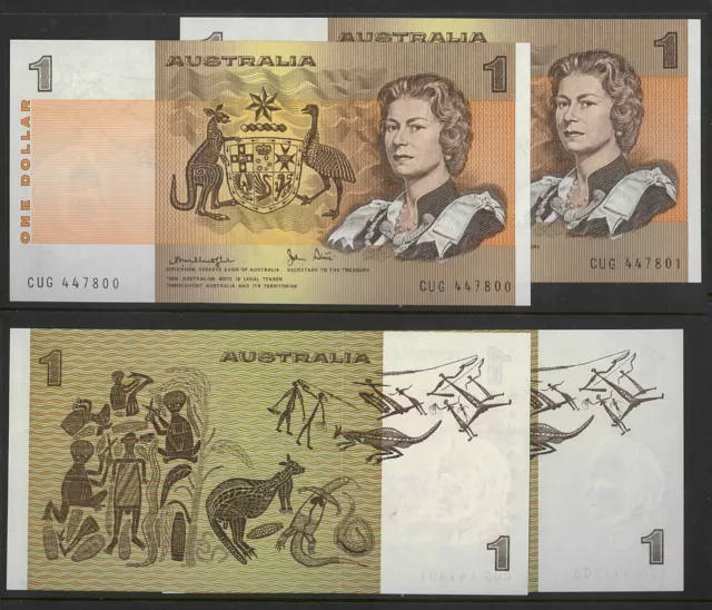 1979 Australian Scarce Mint Pair $1 CUG 447800-447801 Knight Stone Banknotes r87