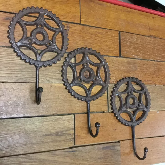 (3) Gear Steam Punk Industrial Loft COAT HOOKS Cast Iron Rustic Wall Hat Rack