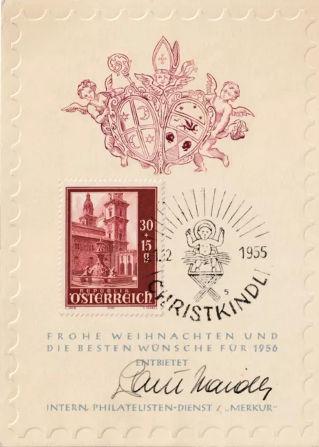 Ö.1955 Gedenkblatt"Sonderstempel Christkindl"auf DIN A6 Merkur-Karte