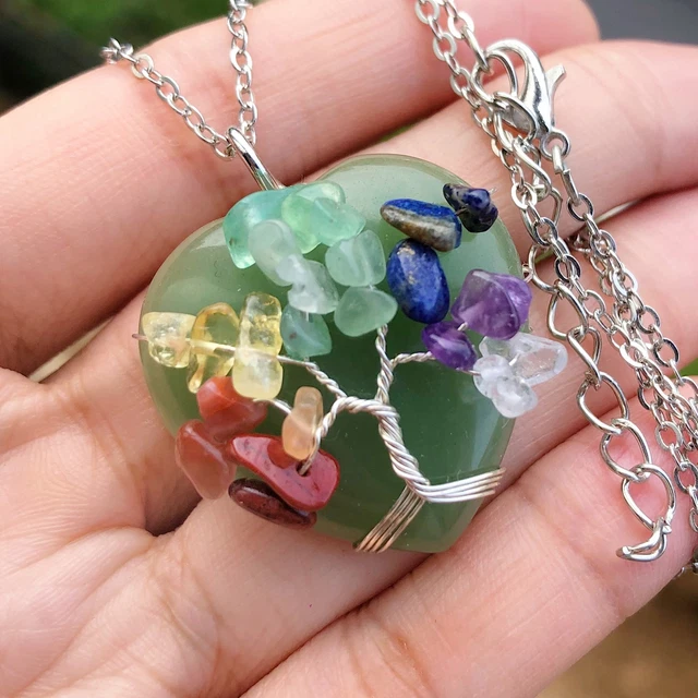 7 Chakra Aventurine Gem Stone Tree Of Life Heart Necklace Reiki Healing Amulet