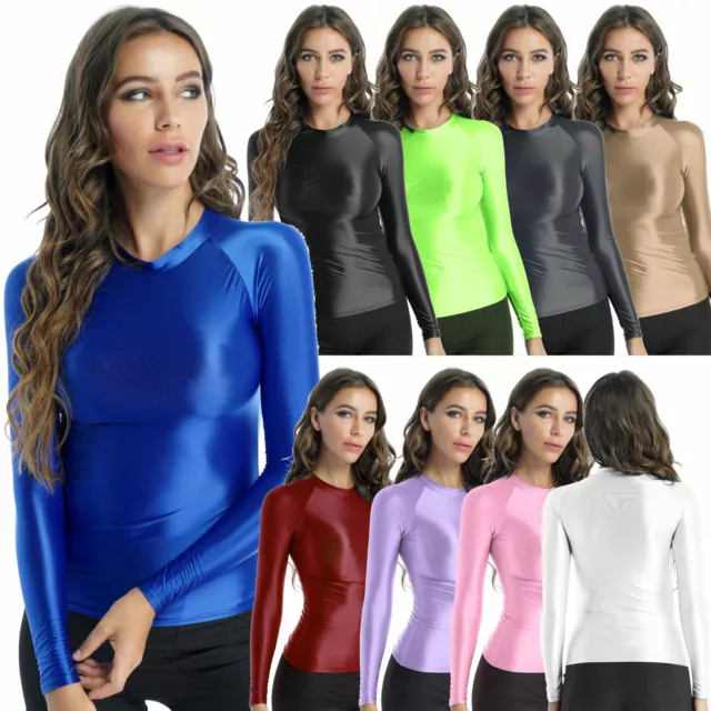 Women Shiny Silky Long Sleeve T-Shirt Glossy Leotards Seamless Yoga Gym Crop Top