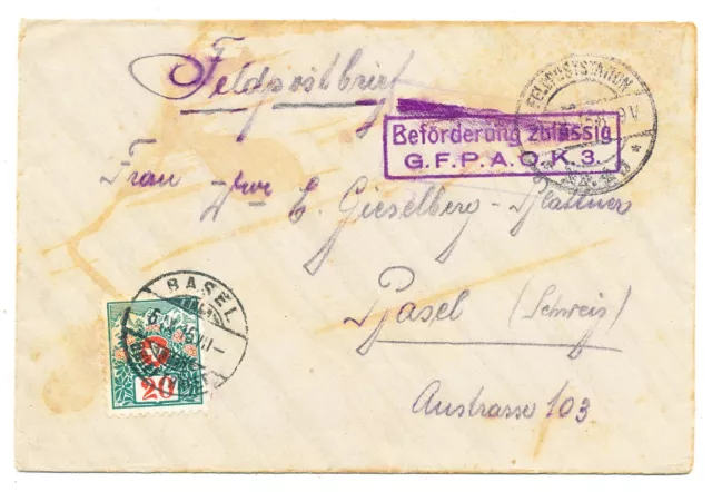 Germany Reich Geheime Feldpolizei Field-Post Wwi Censored To Switzerland Pos Due