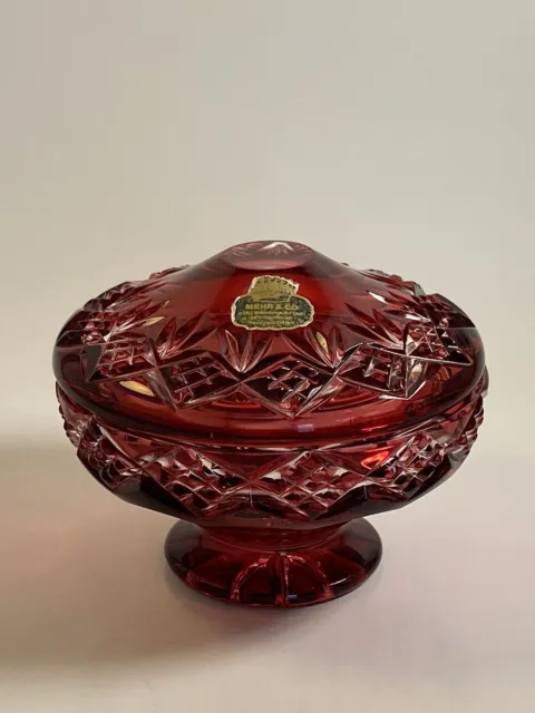 👀 Vintage Bohemian Czech Cranberry Cut To Clear Crystal Lidded Compote Stunning