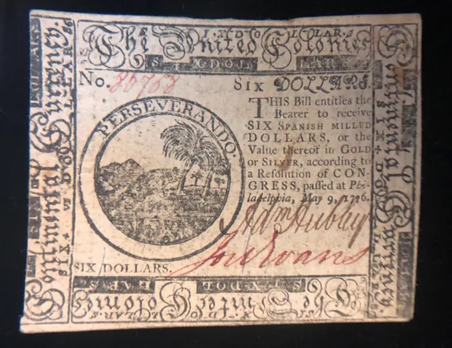 $6 Six Dollars May 9, 1776  Continental Currency Note Cc-36