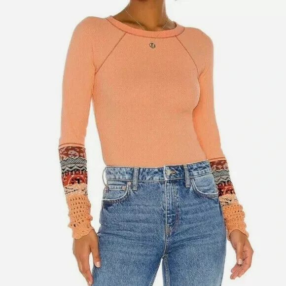 Free People Womens Top Size XS Desert Orange Thermal In the Mix Knit Cuff New
