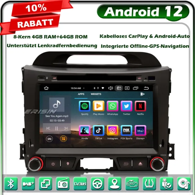 8-Kern 64GB CarPlay Android 12 GPS DAB+Autoradio Navi Wifi Für Kia Sportage 3 SL