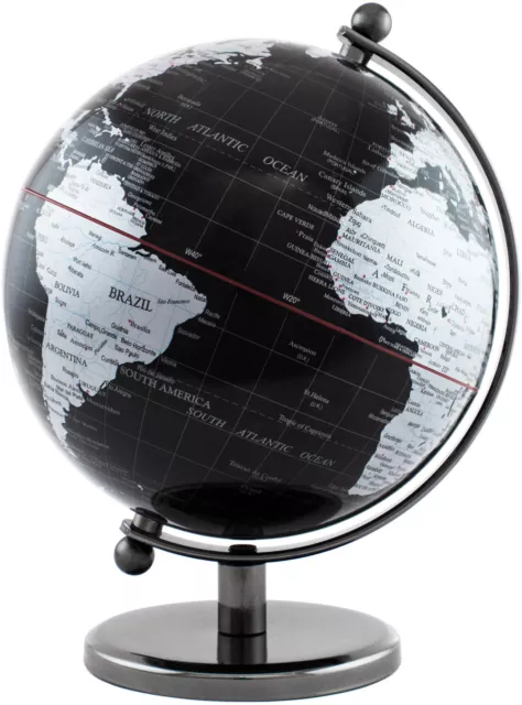 Globus Ø 14 cm Schwarz Silber Edelstahl Meridian / Fuß geopol. Kartenbild Büro