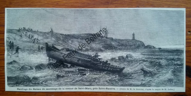 NAUFRAGE BATEAU DE SAUVETAGE SAINT MARC SAINT NAZAIRE  gravure 1876  print