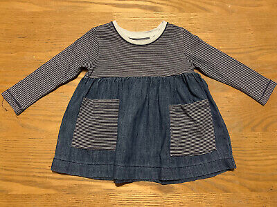 Baby Girl Next Blue Striped Denim Long Sleeve Tunic Pocket Dress 6-9 Months