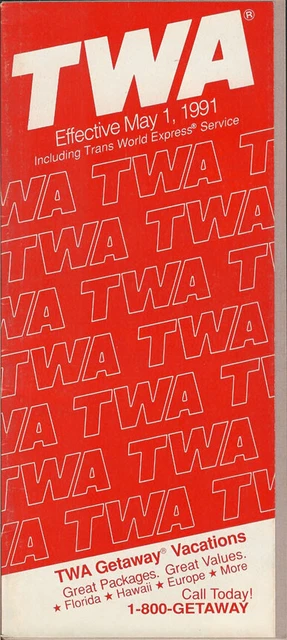 TWA Trans World Airlines system timetable 5/1/91 [308TW] Buy 4+ save 25%