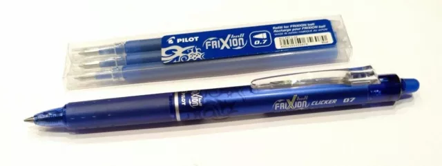 Pilot FriXion Erasable CLICKER pen set with 3 refills in Blue - 0.7mm Fine