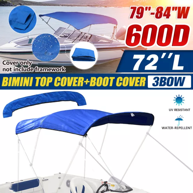 Bimini Top Boat Cover Fabric Replacement Blue with Boot Fits 3 Bow 79"-90"W