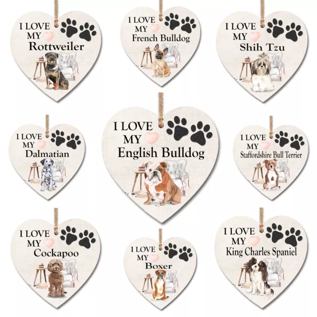 Wooden Heart Plaque Wall Sign I Love My Dog Pet Lovers Birthday Gift HMQ0005