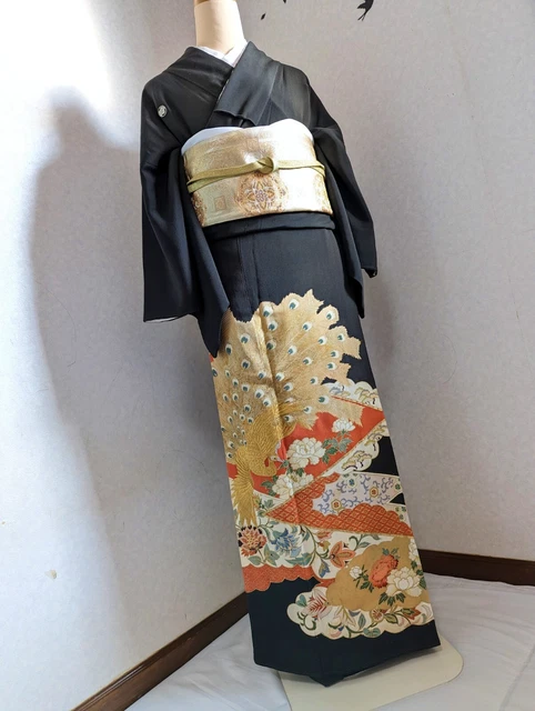 Japanese Kimono Tomesode Antique Silk Fabric Black Floral Peacock Kimono only 17