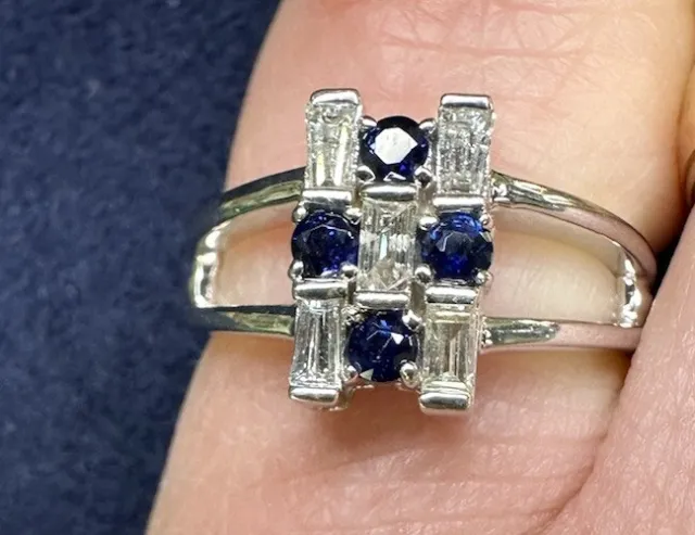 White Gold Sapphire & Diamond Art Deco Band 18k Vintage Estate Find Ring Sz 6.75