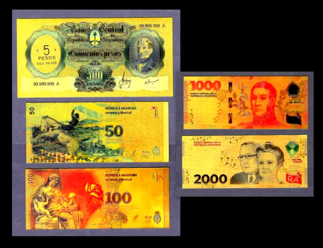 ★★ Argentine : Collection De 5 Billets Polymer  " Or " 5 A 2000 Pesos ★★ A