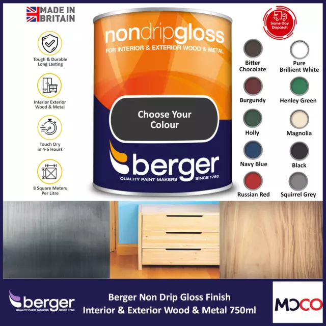 Berger Non Drip Gloss For Exterior Interior Metal Wood Paint Long Lasting 750ml