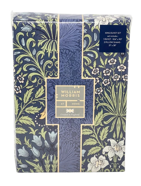 WILLIAM MORRIS England 3 PC KING Cotton Duvet Cover Set Garden Prussian Blue NEW