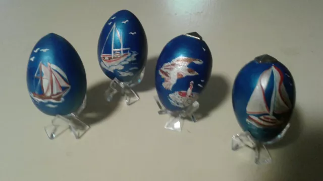 SAILING SCENES  -  4 Vintage American hand painted wooden egg with COA - OOAK