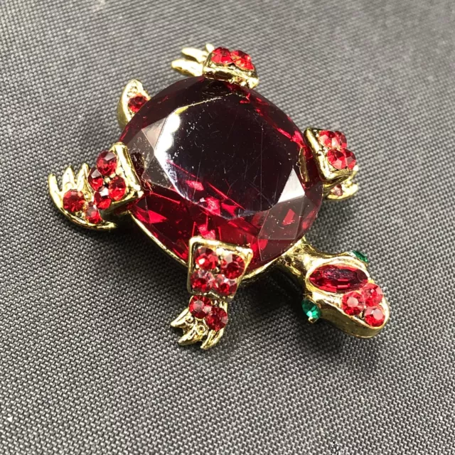 Vtg Weiss Signed Red Glass And Rhinestones Figural 3D Turtle Brooch 1.5” Long