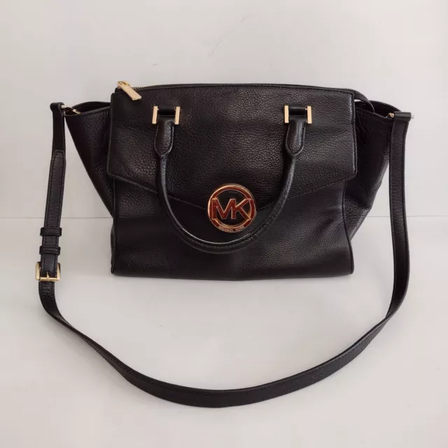 Michael Kors Hudson 35h4ghu531 Black Pebble Leather Satchel Bag Purse Crossbody