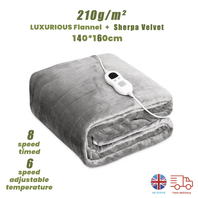 LUXURIOUS ELECTRIC HEATED THROW GREY BLANKET DOUBLE SOFT FlANNEL
