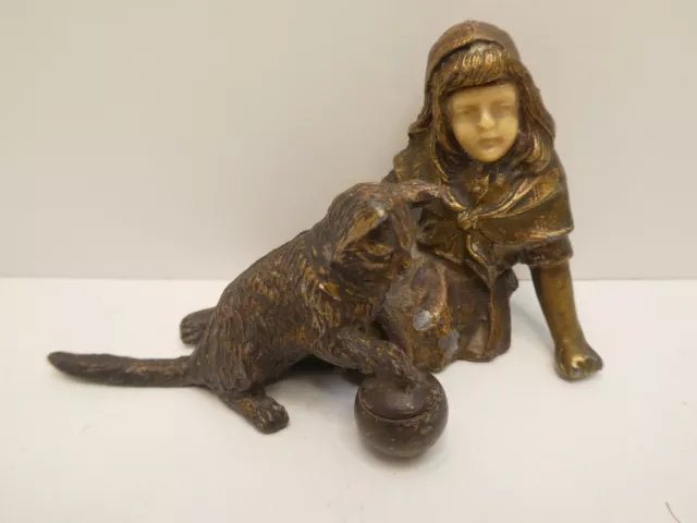 Vintage Bronzed Spelter Metal Cast Ivorine Statue Figurine Girl Playing With Cat