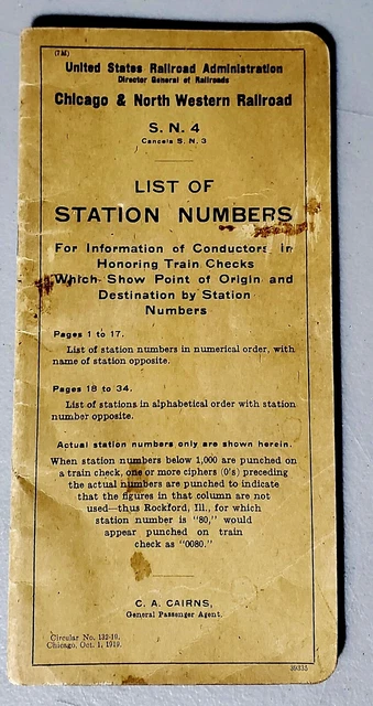 Antique 1919 Chicago & North Western Railroad S.N.4  List of Station Numbers