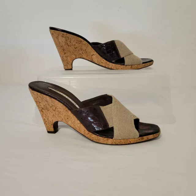 Donald J Pliner Cork Wedge Sandals Brown Patent Croc Beige Fabric Strap Size 10