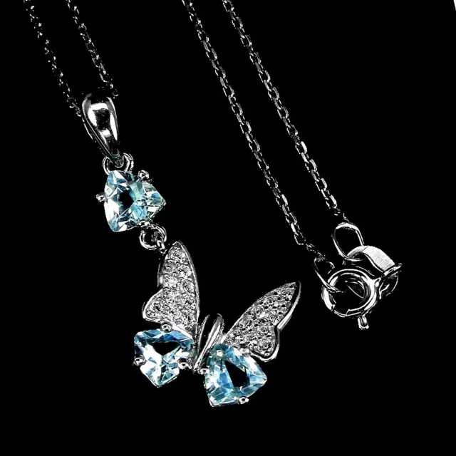 Sweet Trilliant Cut Sky Blue Topaz Butterfly Necklace 925 Sterling Silver 18 In.