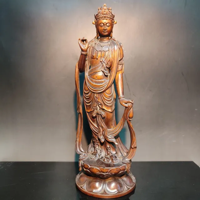 8" Carved Guan Yin Statue Wooden Buddha Quan Kwan Yin Bodhisattva Praying Figure
