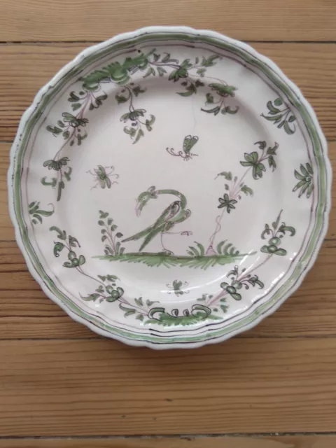Ancienne assiette faïence Moustiers décor camaïeu vert oiseau XVIIIe siècle ?