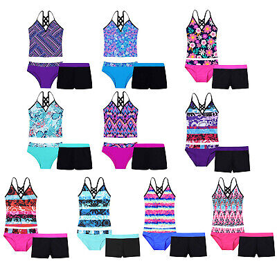 Girls 3Pcs Tankini Swimsuit Tank Top with Swim Briefs Shorts Swimming Costumes
