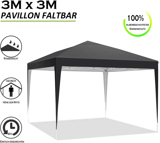 Pop Up Pavillon 3x3m Faltbar Wasserdicht Partyzelt UV-Schutz 50+ mit 4 Sandsack