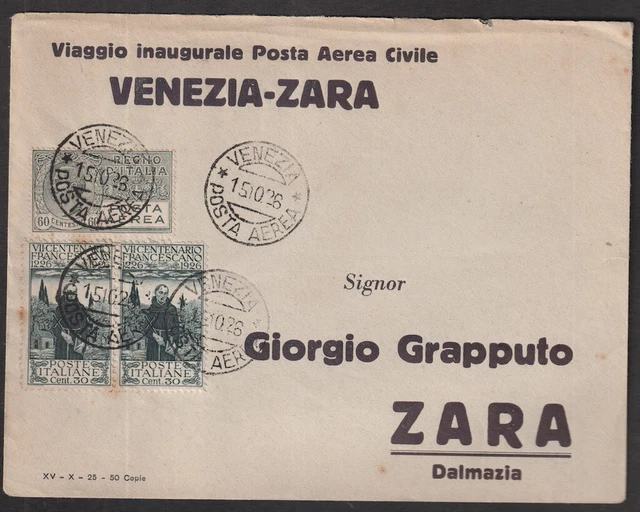 Italy Sc #C4 & #181 Pair on First Flight Cover Venezia - Zara