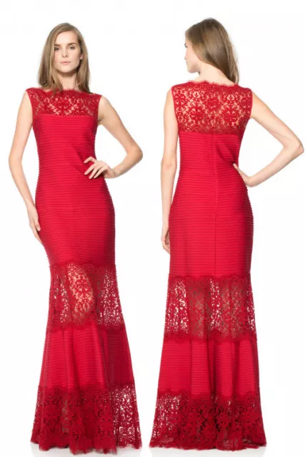 Tadashi Shoji Illusion Embroidered Lace Pintuck Jersey Deep Red Gown