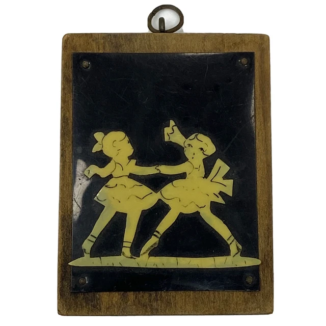 VINTAGE TINY BAKELITE and Enamel Wood Wall Plaque 2 Girls Dancing