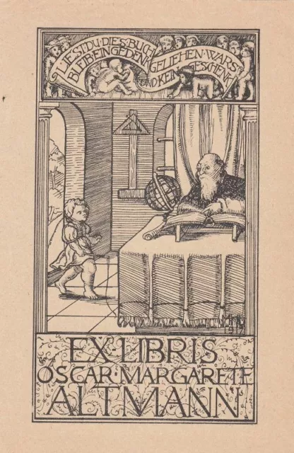 Exlibris Bookplate Klischee Marga Klinckenberg 1894-1962 Greis Kind Bücherfluch