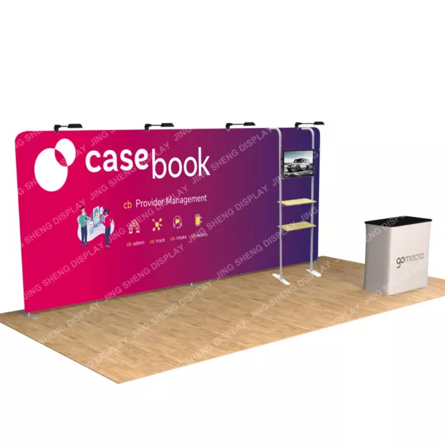 20ft Custom Tension Fabric Trade Show Display Booth Exhibition TV Stand Shelves