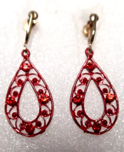 Vintage Art Deco Gold Tone Red Enamel W/ Faceted Glass Screw In Earrings
