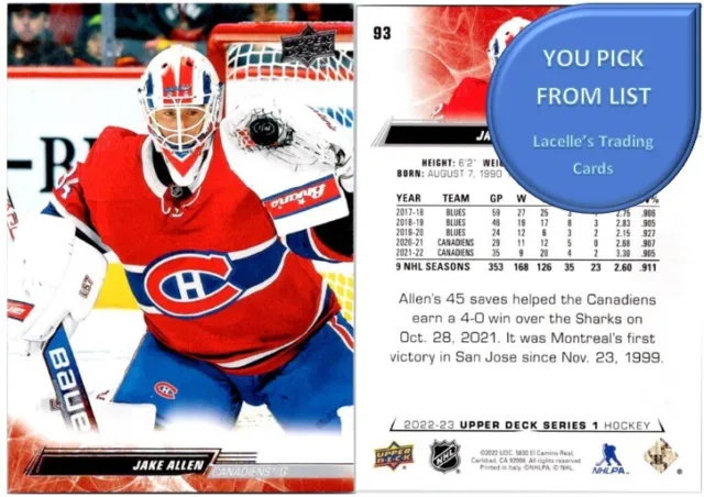 2022-23 Upper Deck Series #1 NHL Hockey BASE Cards ( 1 - 200) - U-Pick From List