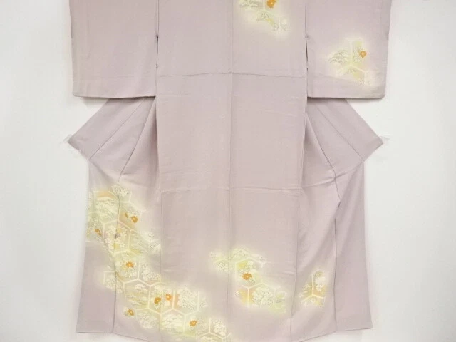 36767# Japanese Kimono / Antique Kimono / Embroidery / Pine & Kiku With Ume